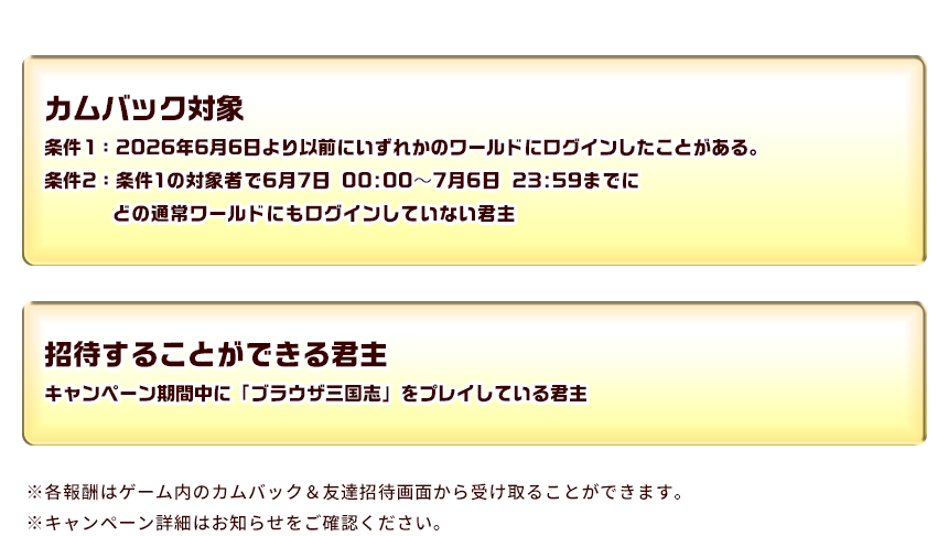 カムバック対象　招待することができる君主